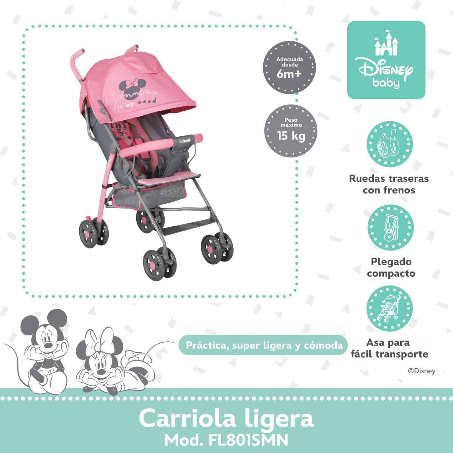 Carriola Bastón Minnie Disney Rosa Ultra Ligera Plegable y Reclinación Ajustable
