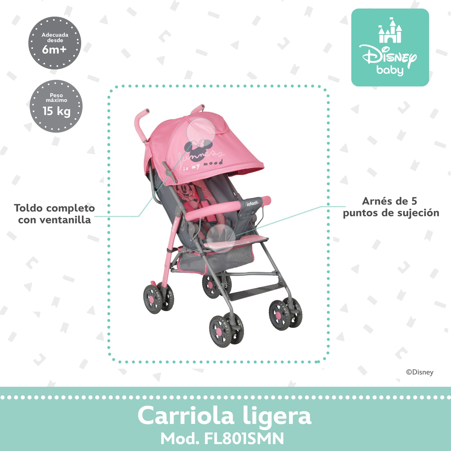 Carriola Bastón Minnie Disney Rosa Ultra Ligera Plegable y Reclinación Ajustable