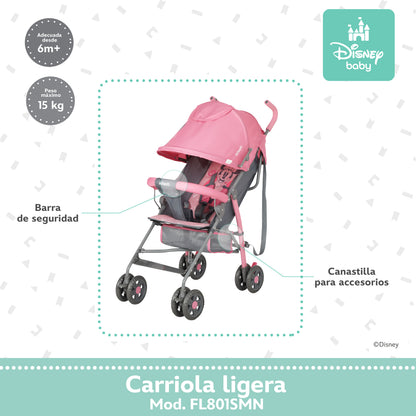 Carriola Bastón Minnie Disney Rosa Ultra Ligera Plegable y Reclinación Ajustable