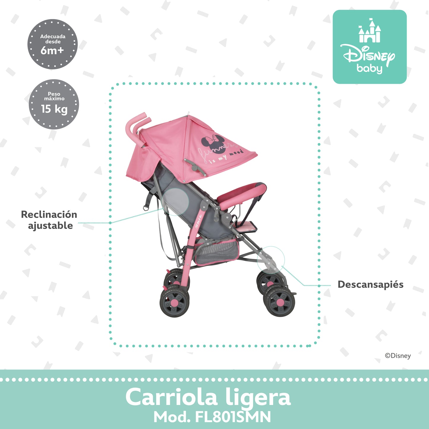 Carriola Bastón Minnie Disney Rosa Ultra Ligera Plegable y Reclinación Ajustable