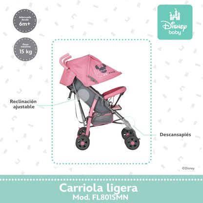 Carriola Bastón Minnie Disney Rosa Ultra Ligera Plegable y Reclinación Ajustable