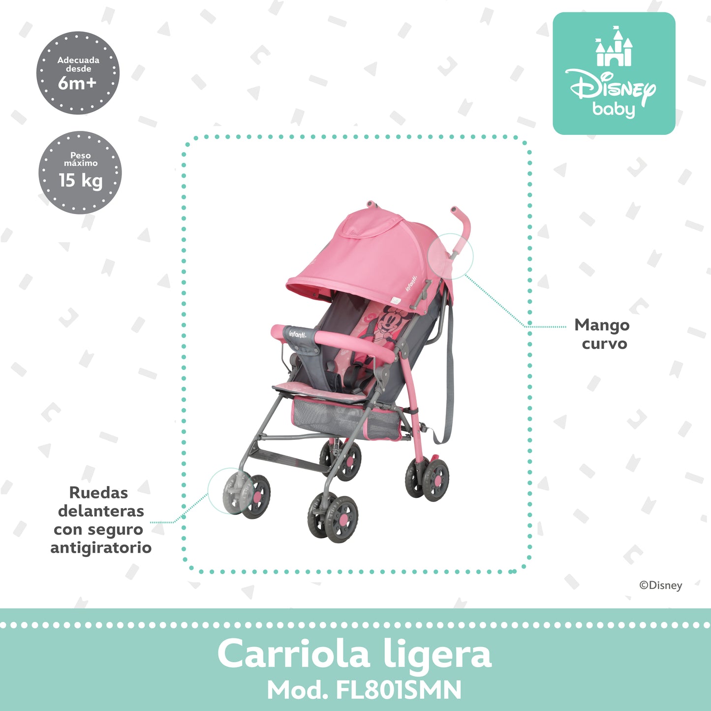 Carriola Bastón Minnie Disney Rosa Ultra Ligera Plegable y Reclinación Ajustable