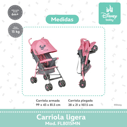 Carriola Bastón Minnie Disney Rosa Ultra Ligera Plegable y Reclinación Ajustable
