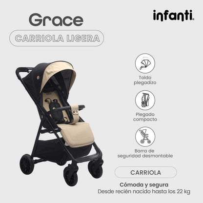 Carriola Grace Arena Con Toldo Completo Plegado Fácil Compacto Soporta Hasta 22 kg
