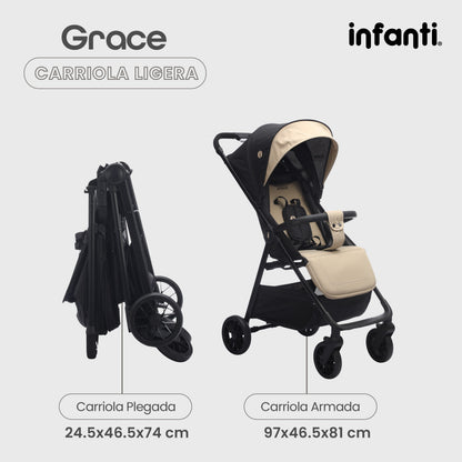 Carriola Grace Arena Con Toldo Completo Plegado Fácil Compacto Soporta Hasta 22 kg