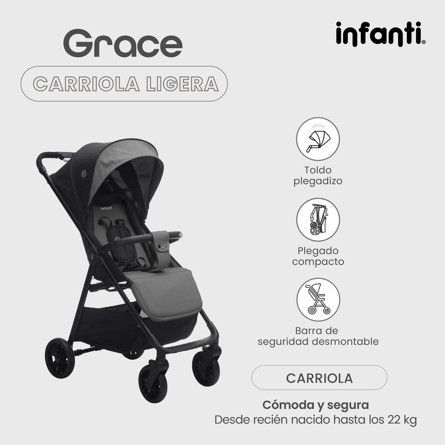 Carriola Grace Arena Con Toldo Completo Plegado Fácil Compacto Soporta Hasta 22 kg