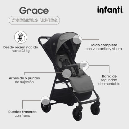 Carriola Grace Arena Con Toldo Completo Plegado Fácil Compacto Soporta Hasta 22 kg