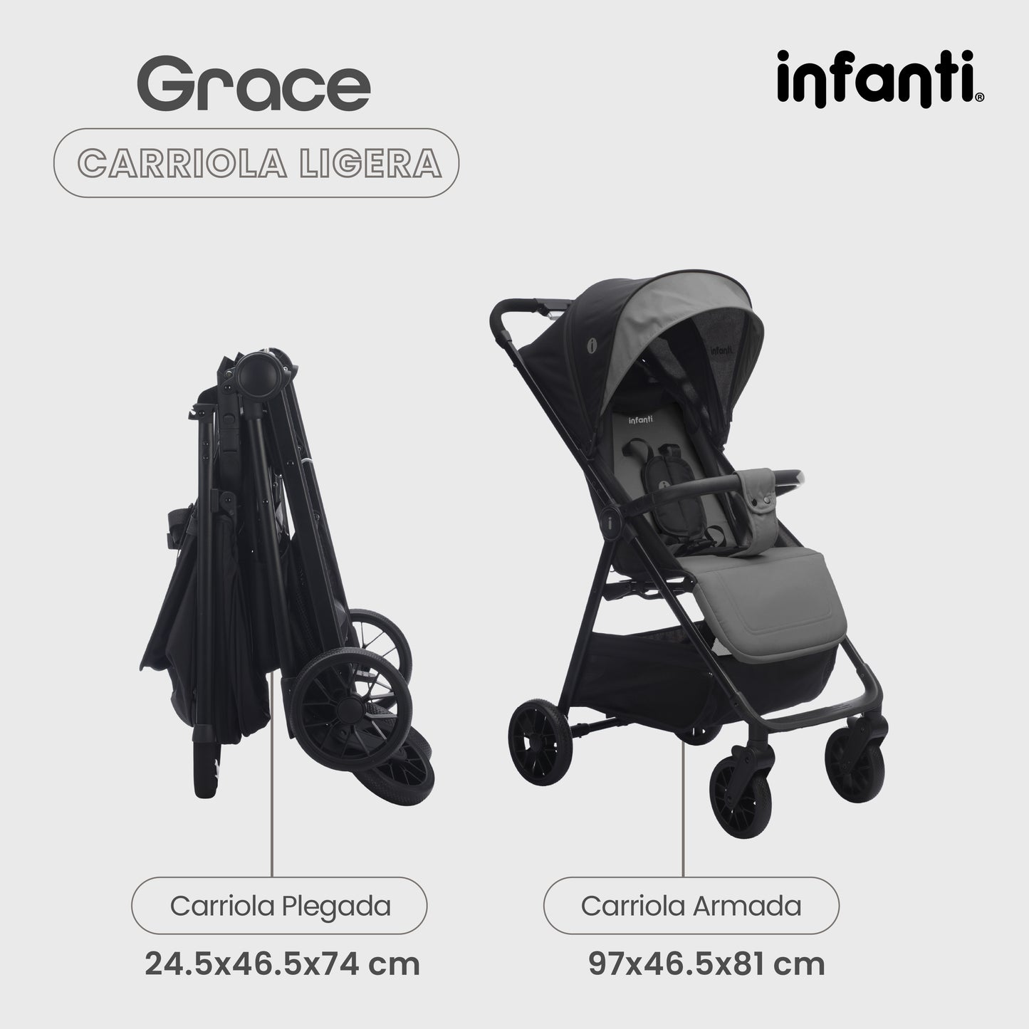 Carriola Grace Arena Con Toldo Completo Plegado Fácil Compacto Soporta Hasta 22 kg