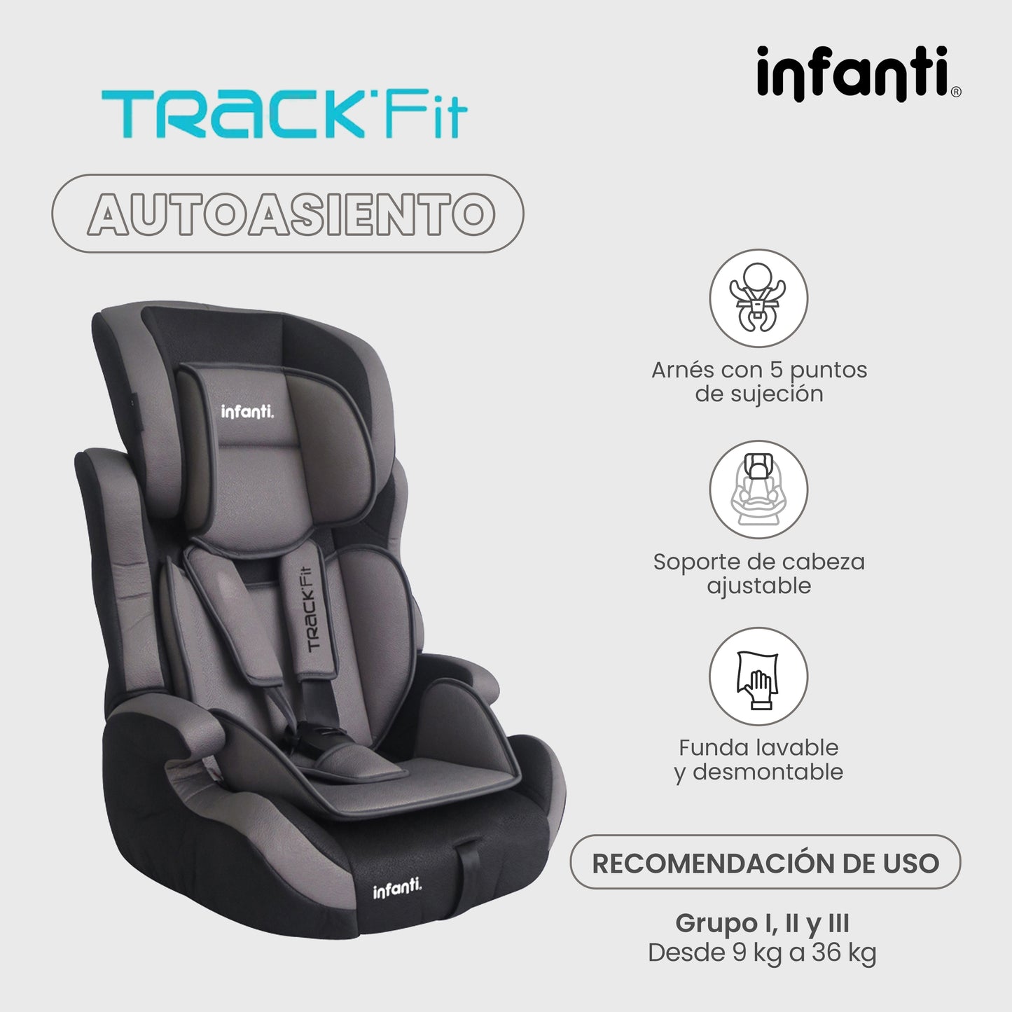 Autoasiento Infanti Track Fit Booster Grupo 1, 2 y 3 Anclaje Universal