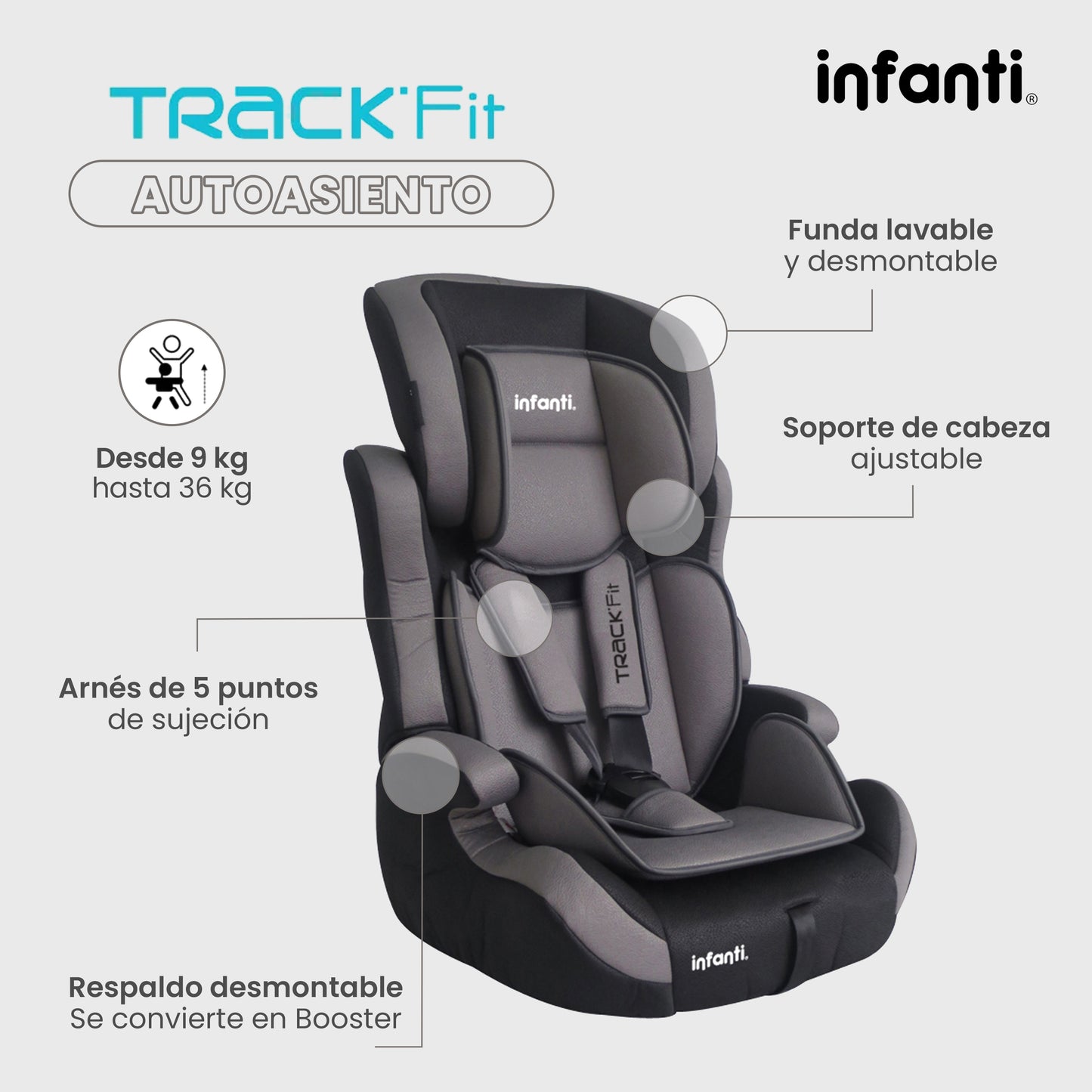 Autoasiento Infanti Track Fit Booster Grupo 1, 2 y 3 Anclaje Universal