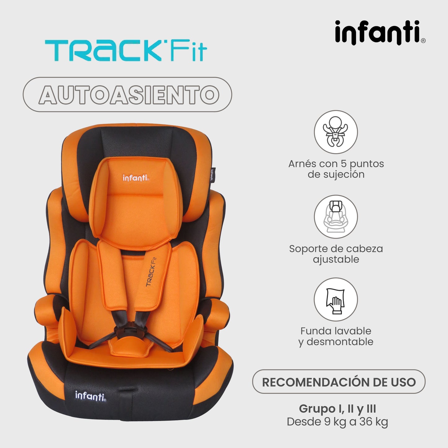 Autoasiento Infanti Track Fit Booster Grupo 1, 2 y 3 Anclaje Universal