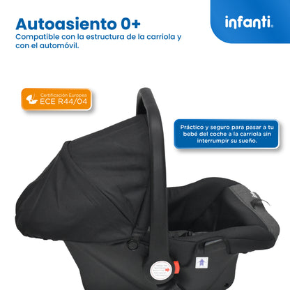 Carriola Travel System Hiro TS Con Portabebé, Plegado a una Mano, Arnés De 5 Puntos, Reclinaciones, Toldo Completo, Charola Con Portavasos y Frenos. Desde Recién Nacido. Hasta 15 kg, Infanti