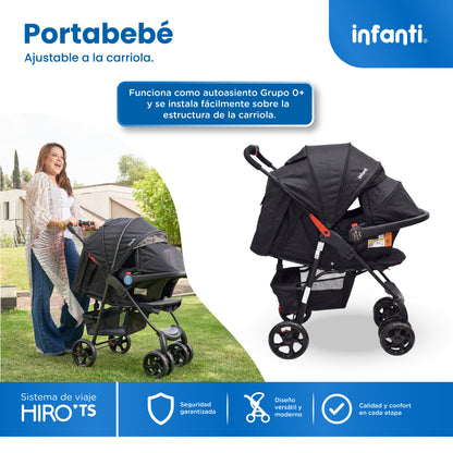 Carriola Travel System Hiro TS Con Portabebé, Plegado a una Mano, Arnés De 5 Puntos, Reclinaciones, Toldo Completo, Charola Con Portavasos y Frenos. Desde Recién Nacido. Hasta 15 kg, Infanti