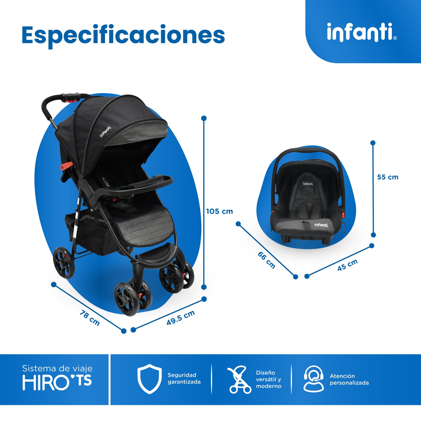 Carriola Travel System Hiro TS Con Portabebé, Plegado a una Mano, Arnés De 5 Puntos, Reclinaciones, Toldo Completo, Charola Con Portavasos y Frenos. Desde Recién Nacido. Hasta 15 kg, Infanti