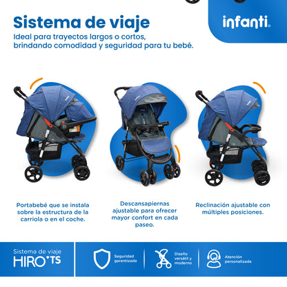 Carriola Travel System Hiro TS Con Portabebé, Plegado a una Mano, Arnés De 5 Puntos, Reclinaciones, Toldo Completo, Charola Con Portavasos y Frenos. Desde Recién Nacido. Hasta 15 kg, Infanti