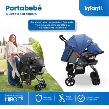 Carriola Travel System Hiro TS Con Portabebé, Plegado a una Mano, Arnés De 5 Puntos, Reclinaciones, Toldo Completo, Charola Con Portavasos y Frenos. Desde Recién Nacido. Hasta 15 kg, Infanti