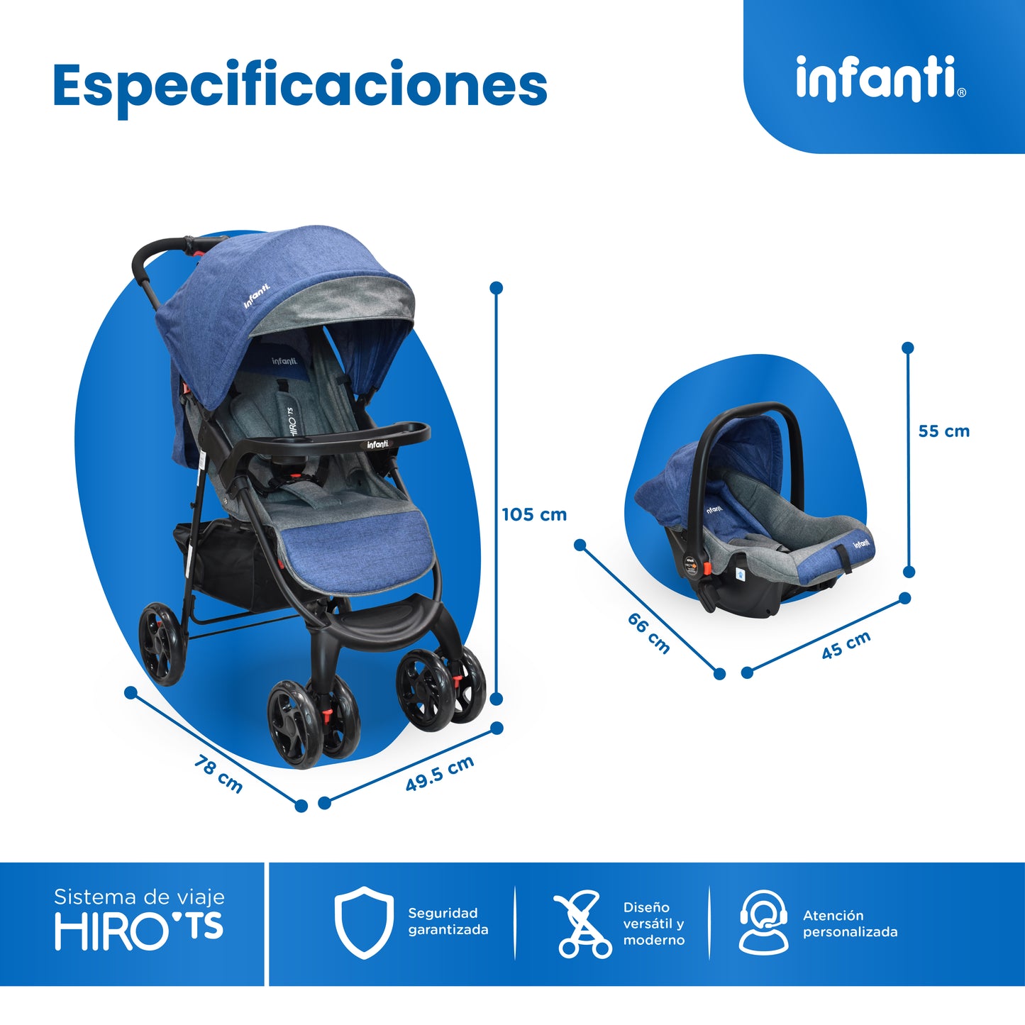 Carriola Travel System Hiro TS Con Portabebé, Plegado a una Mano, Arnés De 5 Puntos, Reclinaciones, Toldo Completo, Charola Con Portavasos y Frenos. Desde Recién Nacido. Hasta 15 kg, Infanti
