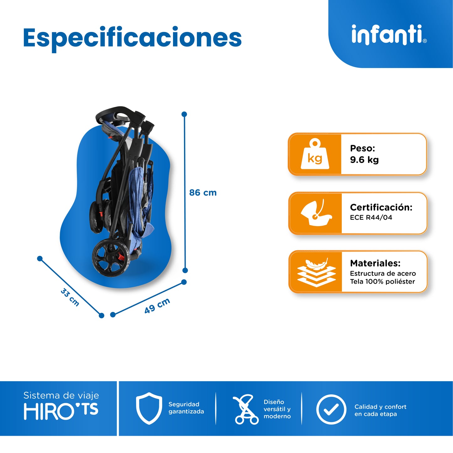 Carriola Travel System Hiro TS Con Portabebé, Plegado a una Mano, Arnés De 5 Puntos, Reclinaciones, Toldo Completo, Charola Con Portavasos y Frenos. Desde Recién Nacido. Hasta 15 kg, Infanti