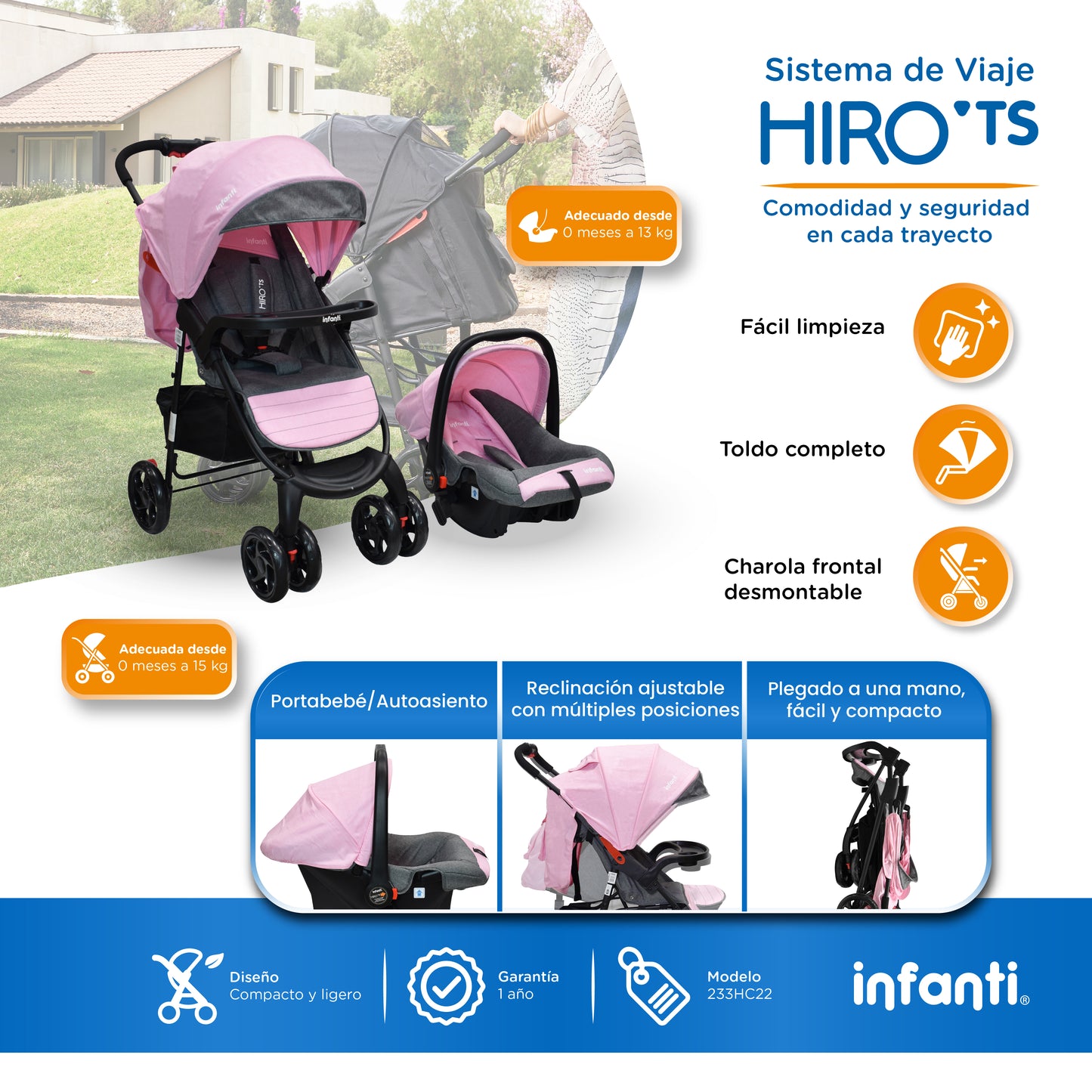 Carriola Travel System Hiro TS Con Portabebé, Plegado a una Mano, Arnés De 5 Puntos, Reclinaciones, Toldo Completo, Charola Con Portavasos y Frenos. Desde Recién Nacido. Hasta 15 kg, Infanti