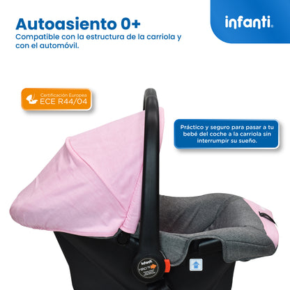 Carriola Travel System Hiro TS Con Portabebé, Plegado a una Mano, Arnés De 5 Puntos, Reclinaciones, Toldo Completo, Charola Con Portavasos y Frenos. Desde Recién Nacido. Hasta 15 kg, Infanti