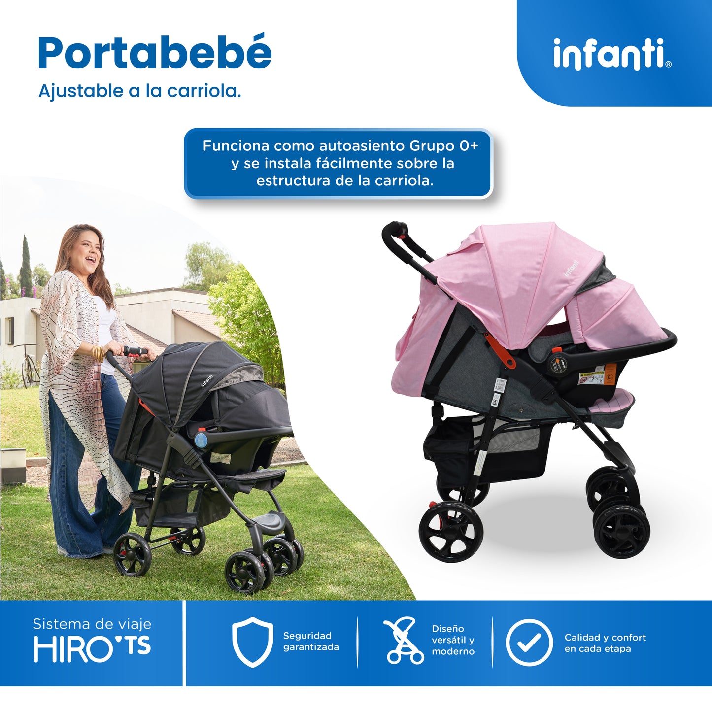 Carriola Travel System Hiro TS Con Portabebé, Plegado a una Mano, Arnés De 5 Puntos, Reclinaciones, Toldo Completo, Charola Con Portavasos y Frenos. Desde Recién Nacido. Hasta 15 kg, Infanti