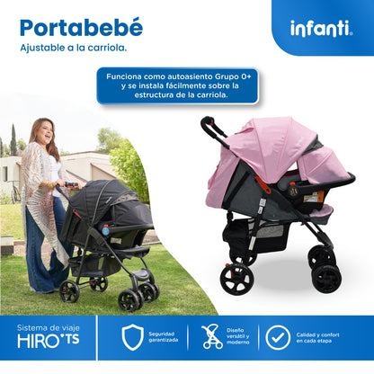 Carriola Travel System Hiro TS Con Portabebé, Plegado a una Mano, Arnés De 5 Puntos, Reclinaciones, Toldo Completo, Charola Con Portavasos y Frenos. Desde Recién Nacido. Hasta 15 kg, Infanti
