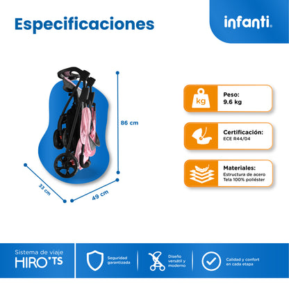 Carriola Travel System Hiro TS Con Portabebé, Plegado a una Mano, Arnés De 5 Puntos, Reclinaciones, Toldo Completo, Charola Con Portavasos y Frenos. Desde Recién Nacido. Hasta 15 kg, Infanti