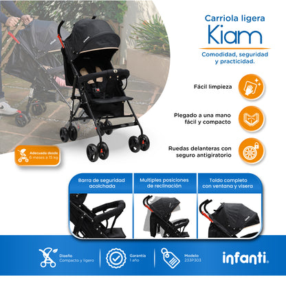 Carriola De Bastón Con Plegado Compacto Kiam  Multiples Reclinaciones, Arnés De 5 puntos, Toldo Completo, Frenos y Ruedas Giratorias Con Seguro Ideal Para Bebes De 6 Meses a 15 kg, Infanti