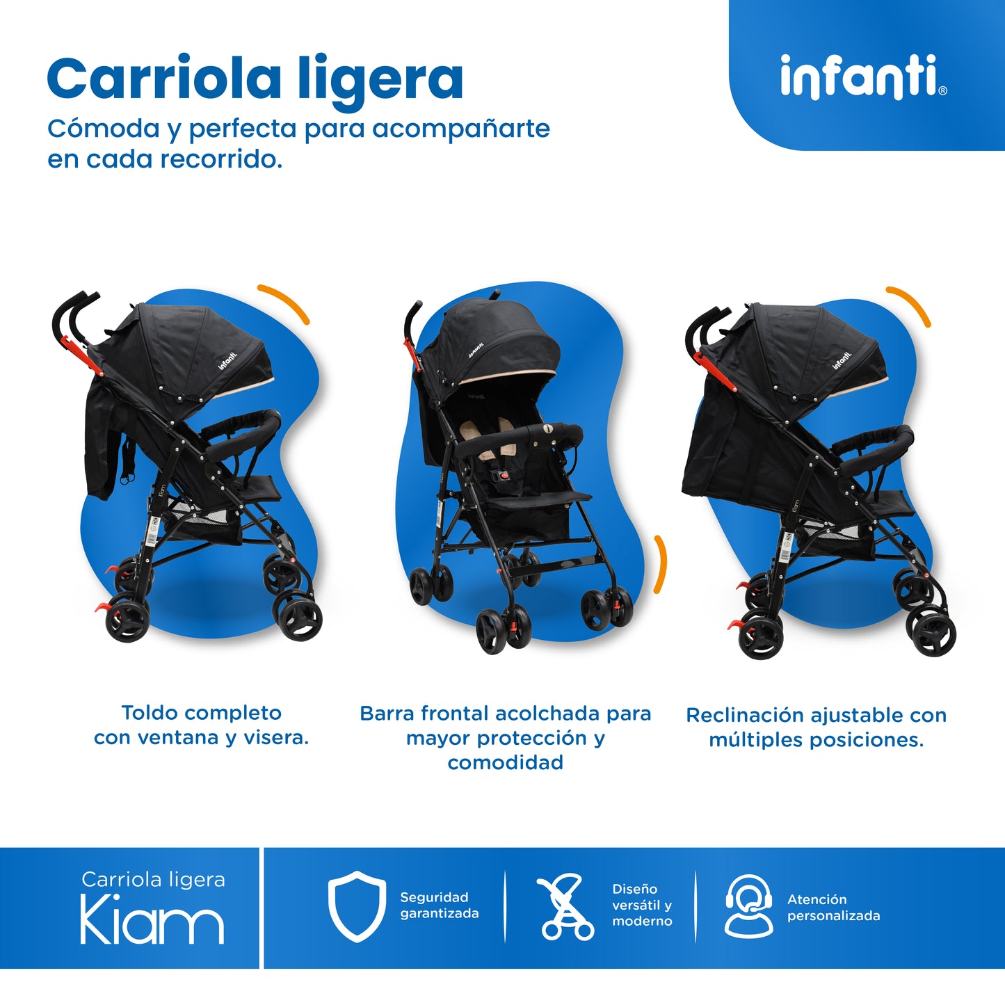 Carriola De Bastón Con Plegado Compacto Kiam  Multiples Reclinaciones, Arnés De 5 puntos, Toldo Completo, Frenos y Ruedas Giratorias Con Seguro Ideal Para Bebes De 6 Meses a 15 kg, Infanti
