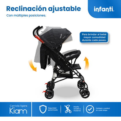 Carriola De Bastón Con Plegado Compacto Kiam  Multiples Reclinaciones, Arnés De 5 puntos, Toldo Completo, Frenos y Ruedas Giratorias Con Seguro Ideal Para Bebes De 6 Meses a 15 kg, Infanti