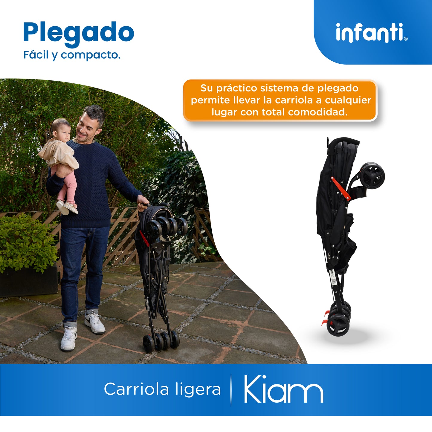 Carriola De Bastón Con Plegado Compacto Kiam  Multiples Reclinaciones, Arnés De 5 puntos, Toldo Completo, Frenos y Ruedas Giratorias Con Seguro Ideal Para Bebes De 6 Meses a 15 kg, Infanti
