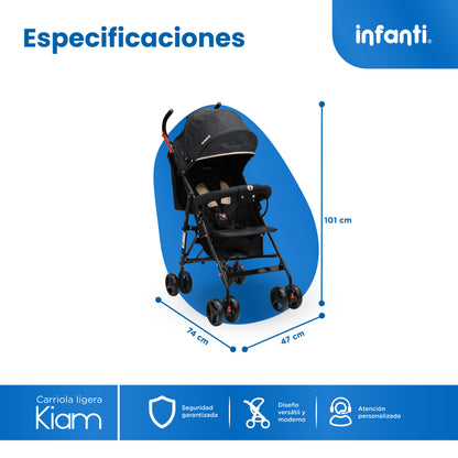 Carriola De Bastón Con Plegado Compacto Kiam  Multiples Reclinaciones, Arnés De 5 puntos, Toldo Completo, Frenos y Ruedas Giratorias Con Seguro Ideal Para Bebes De 6 Meses a 15 kg, Infanti
