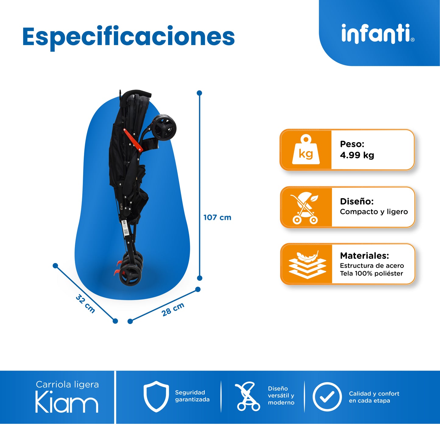 Carriola De Bastón Con Plegado Compacto Kiam  Multiples Reclinaciones, Arnés De 5 puntos, Toldo Completo, Frenos y Ruedas Giratorias Con Seguro Ideal Para Bebes De 6 Meses a 15 kg, Infanti