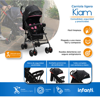 Carriola De Bastón Con Plegado Compacto Kiam  Multiples Reclinaciones, Arnés De 5 puntos, Toldo Completo, Frenos y Ruedas Giratorias Con Seguro Ideal Para Bebes De 6 Meses a 15 kg, Infanti
