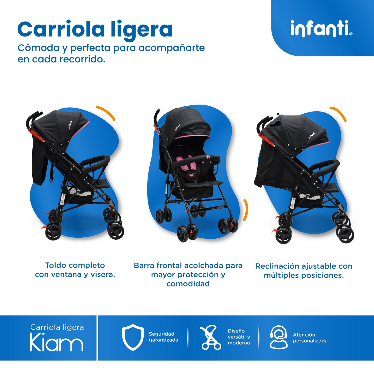 Carriola De Bastón Con Plegado Compacto Kiam  Multiples Reclinaciones, Arnés De 5 puntos, Toldo Completo, Frenos y Ruedas Giratorias Con Seguro Ideal Para Bebes De 6 Meses a 15 kg, Infanti