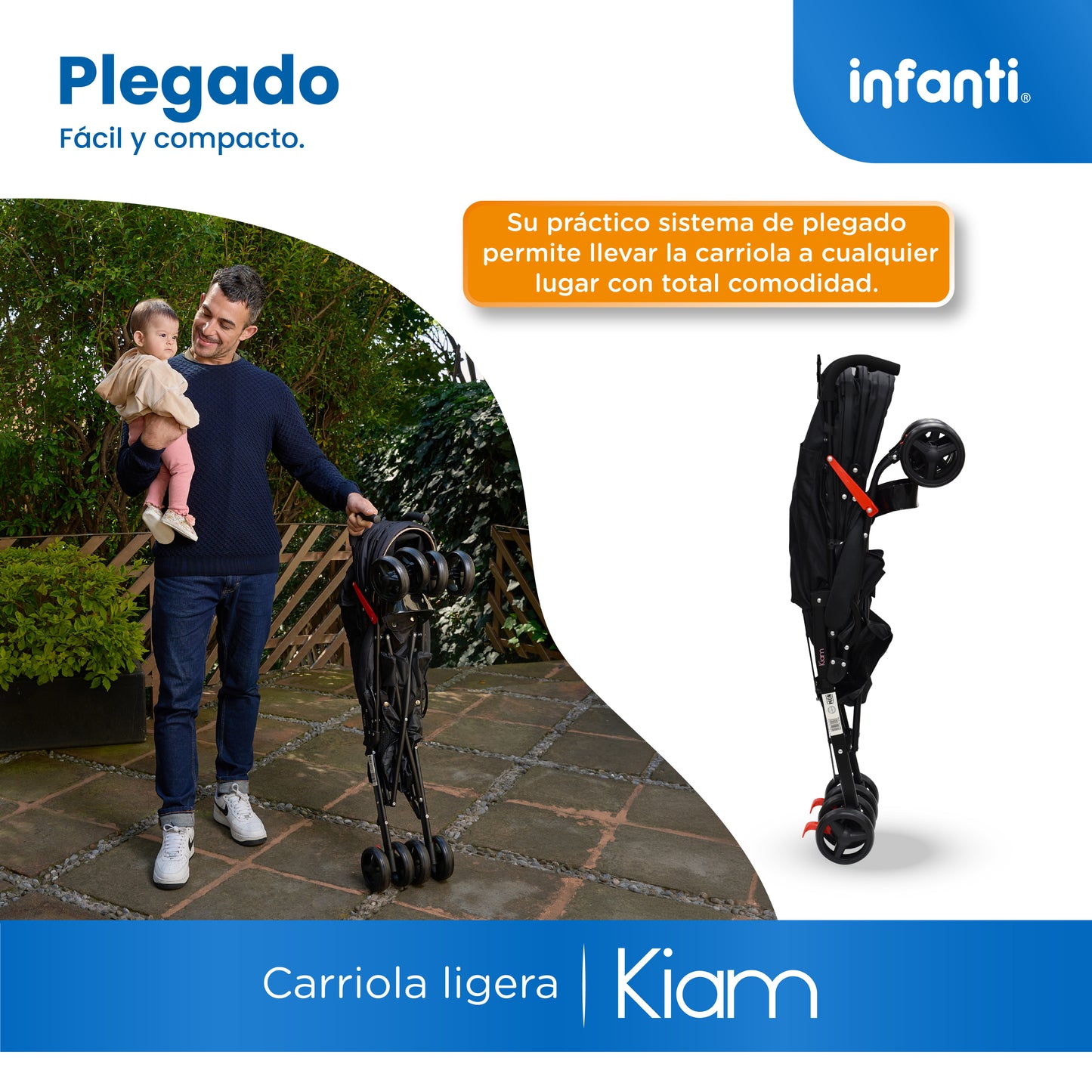 Carriola De Bastón Con Plegado Compacto Kiam  Multiples Reclinaciones, Arnés De 5 puntos, Toldo Completo, Frenos y Ruedas Giratorias Con Seguro Ideal Para Bebes De 6 Meses a 15 kg, Infanti