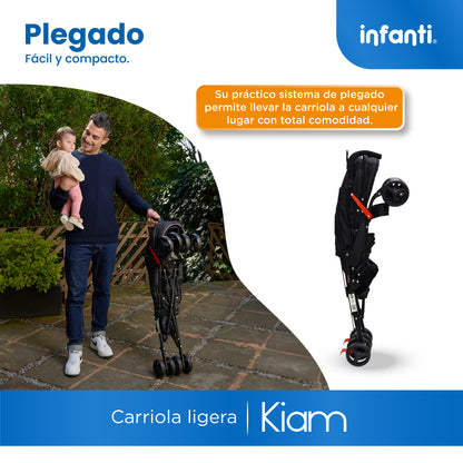 Carriola De Bastón Con Plegado Compacto Kiam  Multiples Reclinaciones, Arnés De 5 puntos, Toldo Completo, Frenos y Ruedas Giratorias Con Seguro Ideal Para Bebes De 6 Meses a 15 kg, Infanti