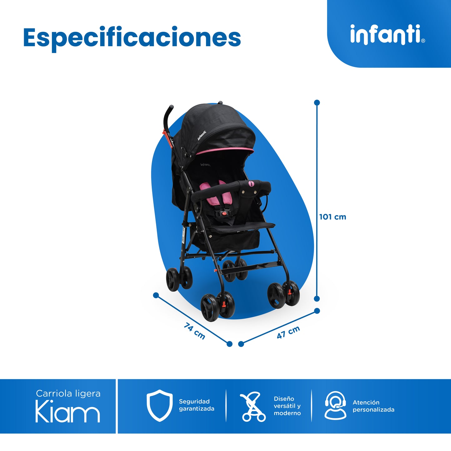 Carriola De Bastón Con Plegado Compacto Kiam  Multiples Reclinaciones, Arnés De 5 puntos, Toldo Completo, Frenos y Ruedas Giratorias Con Seguro Ideal Para Bebes De 6 Meses a 15 kg, Infanti