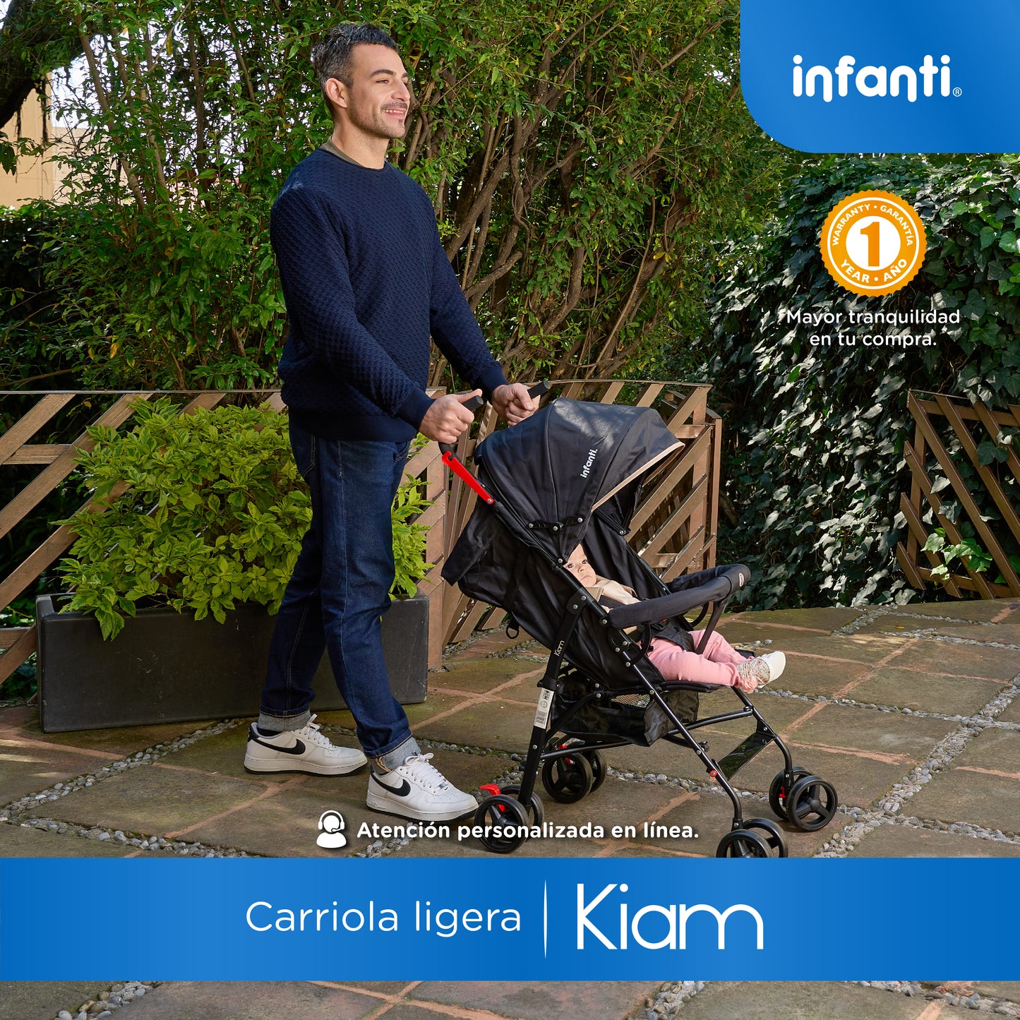 Carriola De Bastón Con Plegado Compacto Kiam  Multiples Reclinaciones, Arnés De 5 puntos, Toldo Completo, Frenos y Ruedas Giratorias Con Seguro Ideal Para Bebes De 6 Meses a 15 kg, Infanti