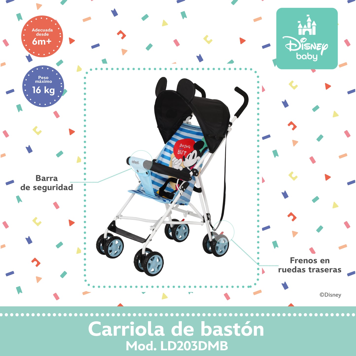 Carriola Bastón Disney Estructura De Acero Plegable Barra De Empuje Con Descansapies