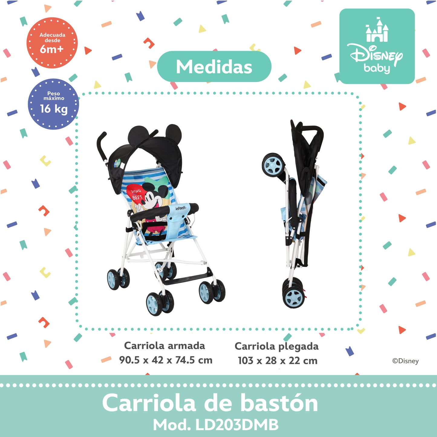 Carriola Bastón Disney Estructura De Acero Plegable Barra De Empuje Con Descansapies