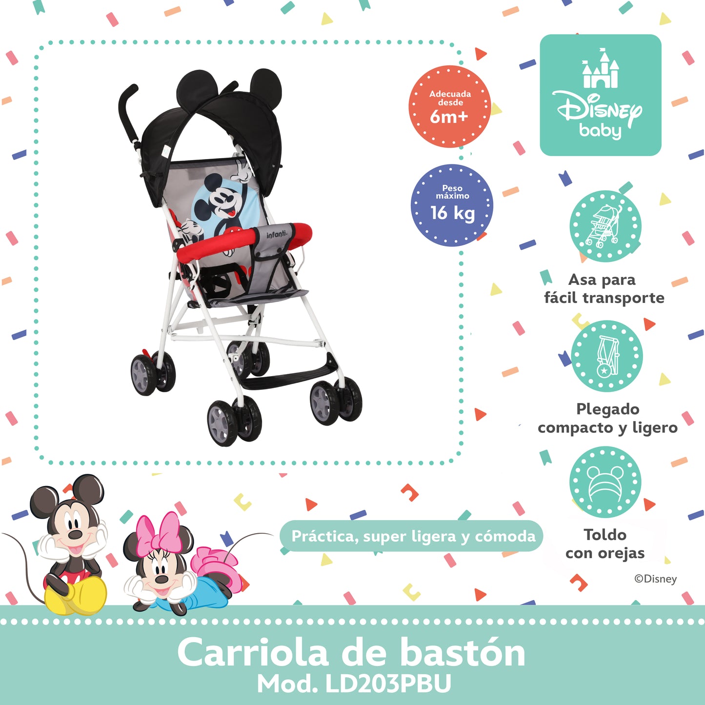 Carriola Bastón Disney Estructura De Acero Plegable Barra De Empuje Con Descansapies