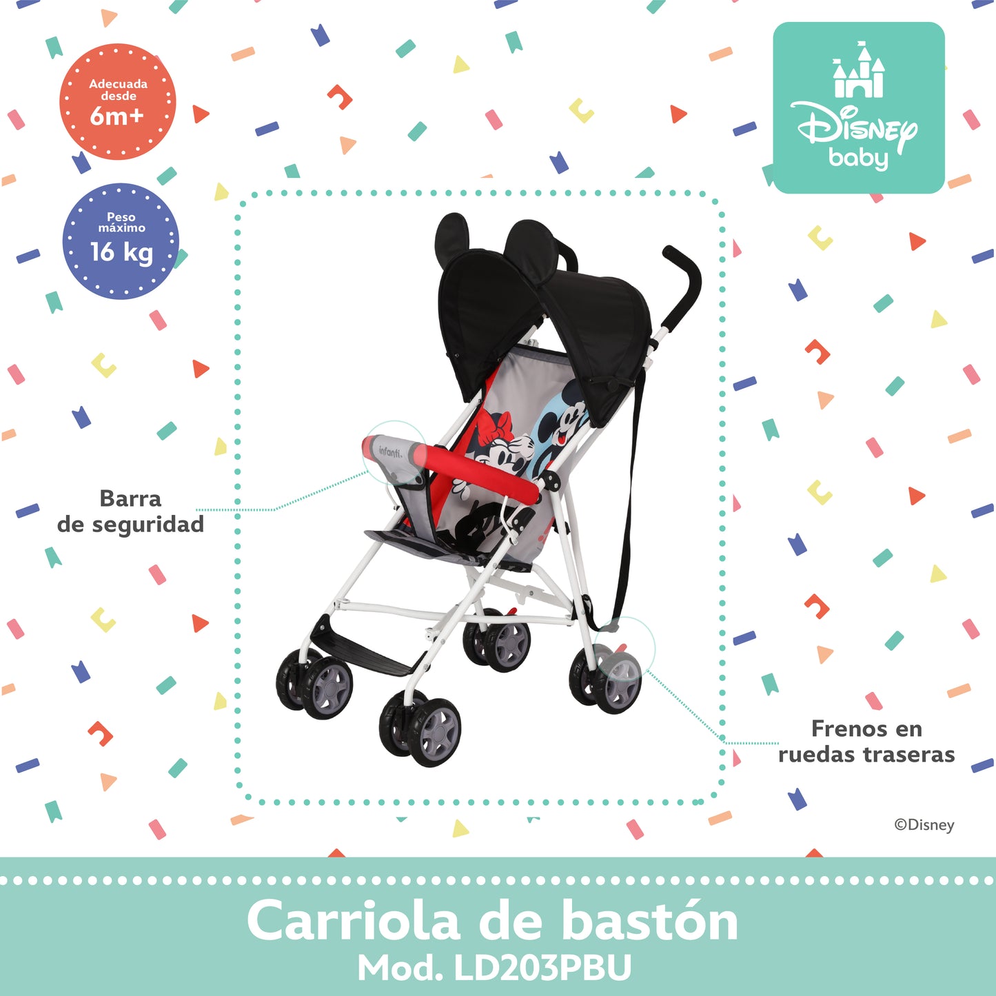 Carriola Bastón Disney Estructura De Acero Plegable Barra De Empuje Con Descansapies