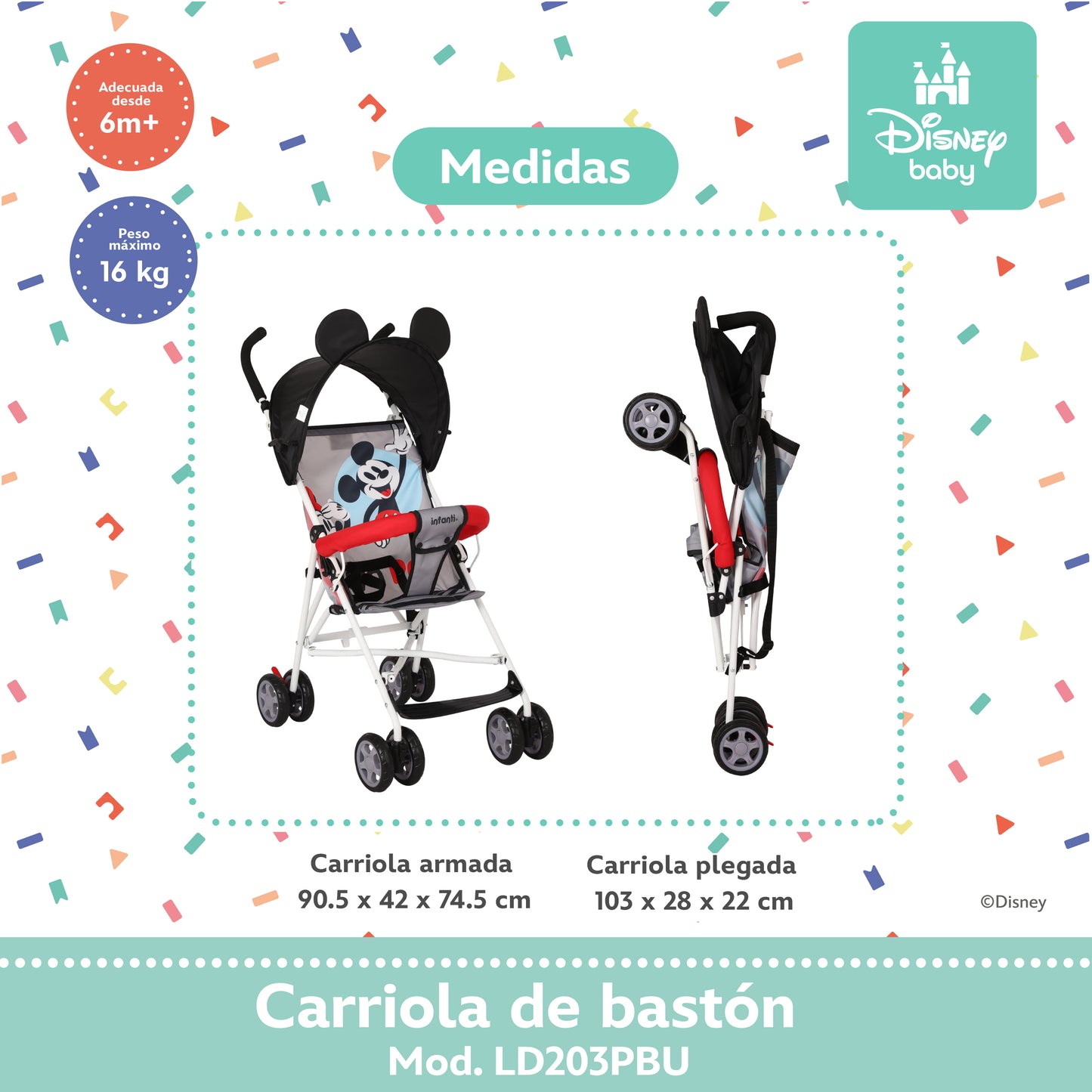 Carriola Bastón Disney Estructura De Acero Plegable Barra De Empuje Con Descansapies