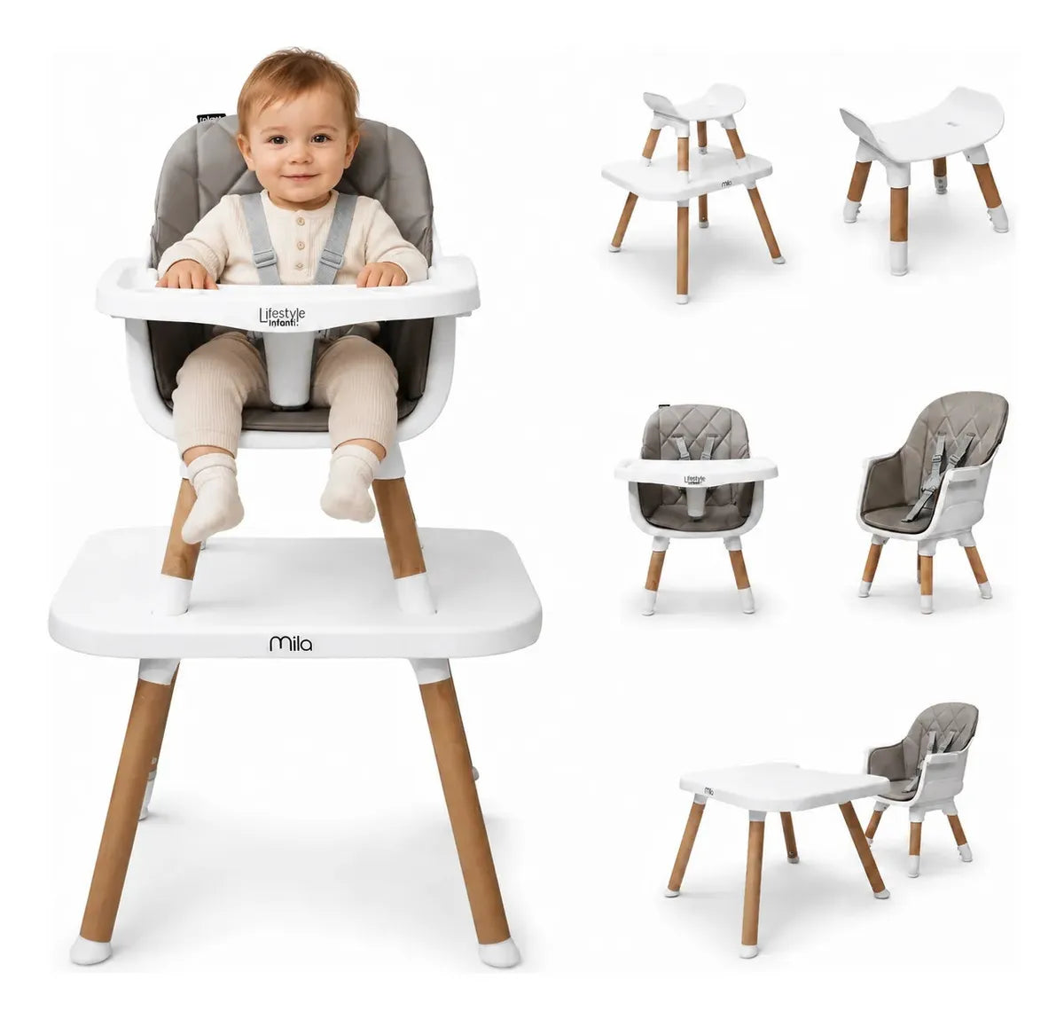 Silla Alta 6 en 1, Mila, Arena, Silla Pequeña, Banco Alto, Banquito, Mesa con Sillita y Mesa con Banco, Arnés de 5 Puntos, Charola Ajustable y Funda Lavable, Hasta 25 kg. Lifestyle By Infanti