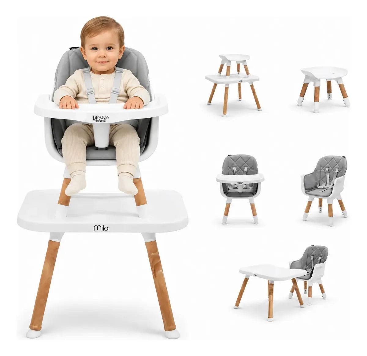 Silla Alta 6 en 1, Mila, Gris Silla Pequeña, Banco Alto, Banquito, Mesa con Sillita y Mesa con Banco, Arnés de 5 Puntos, Charola Ajustable y Funda Lavable, Hasta 25 kg. Lifestyle By Infanti