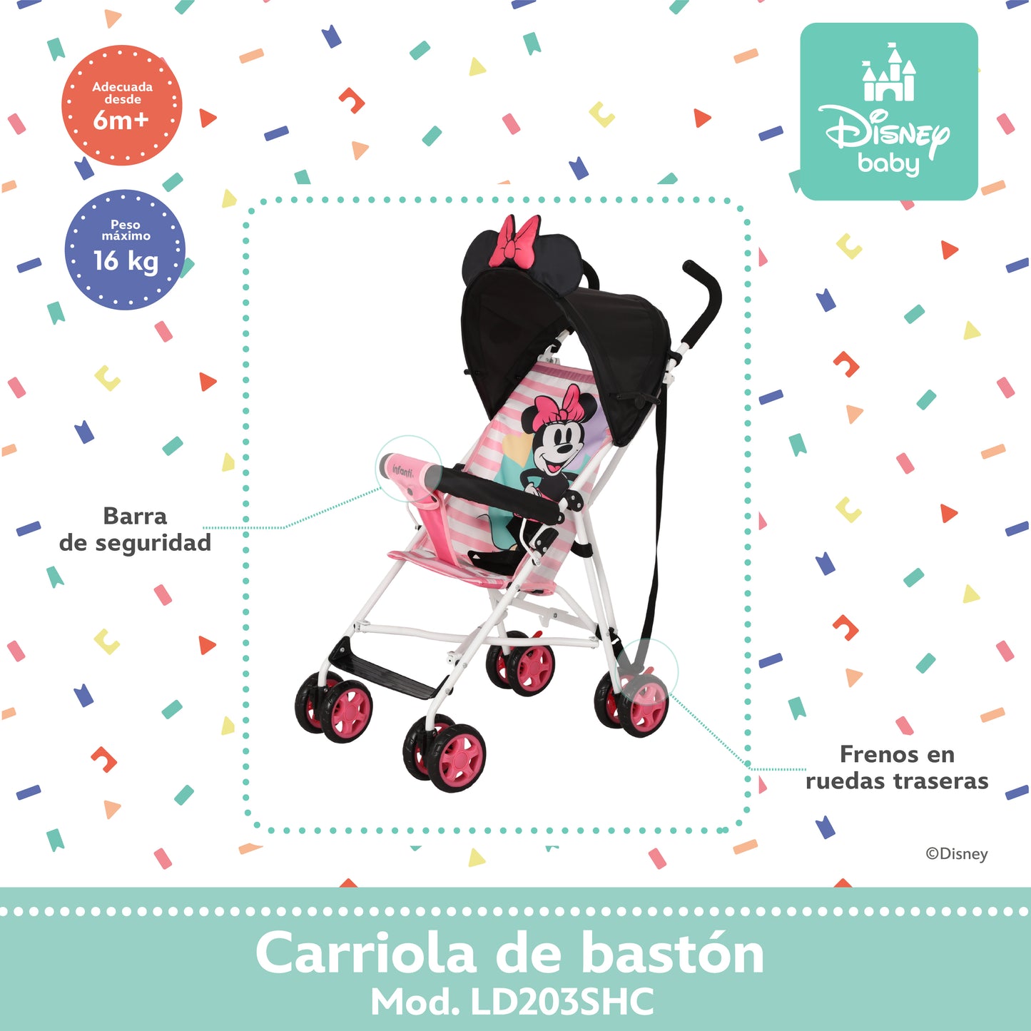 Carriola Bastón Disney Estructura De Acero Plegable Barra De Empuje Con Descansapies