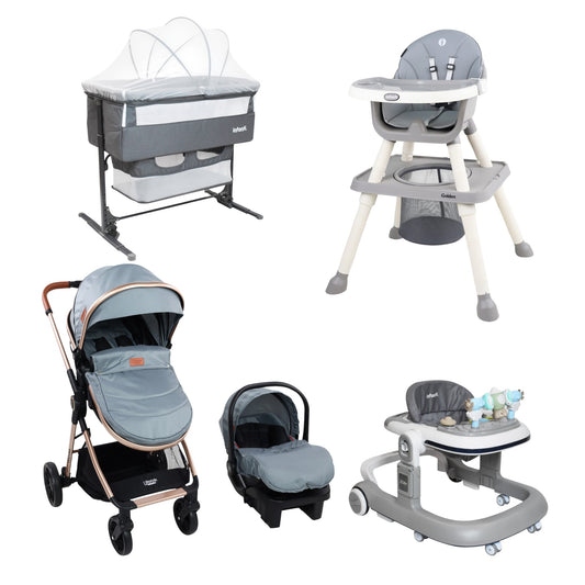 Combo Infanti Carriola Travel System, Cuna Colecho,  Andadera 2 en 1 y Silla Alta Para Bebé