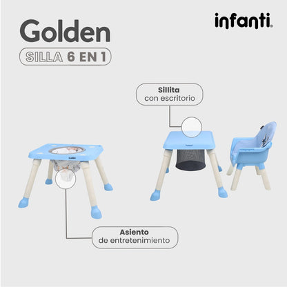 Silla Alta Infanti 6 en 1 Golden Multifuncional Con Charola Y Mesa De Actividades