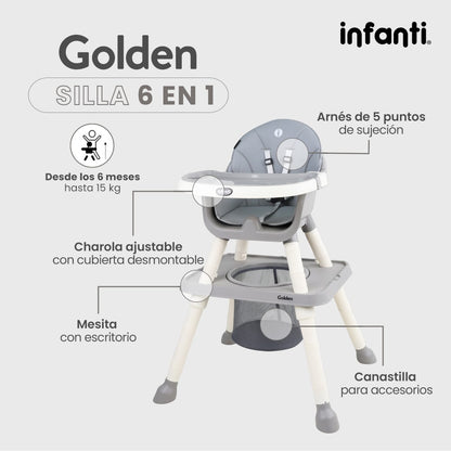 Silla Alta Infanti 6 en 1 Golden Multifuncional Con Charola Y Mesa De Actividades